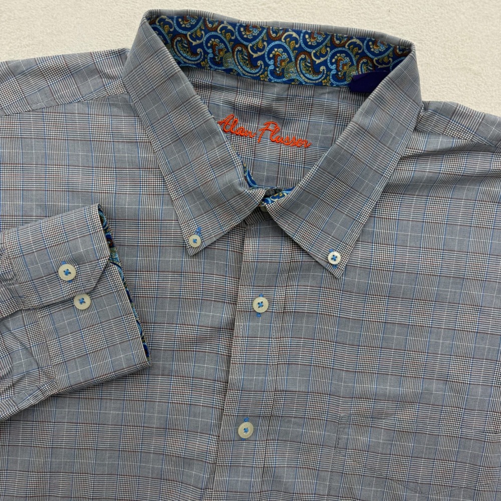 Alan Flusser Mens XXL Grey Blue Glen Plaid Cotton Button Down Shirt Paisley Trim